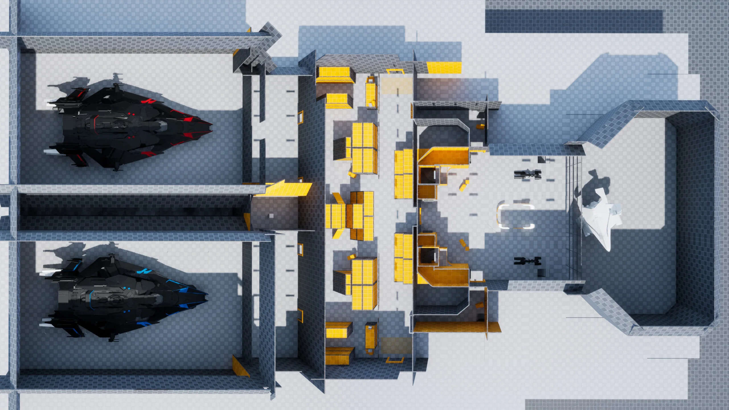 Vue de dessus de la map FPS Lyra UE5 — blockout intérieur style station spatiale avec hangars et vaisseaux