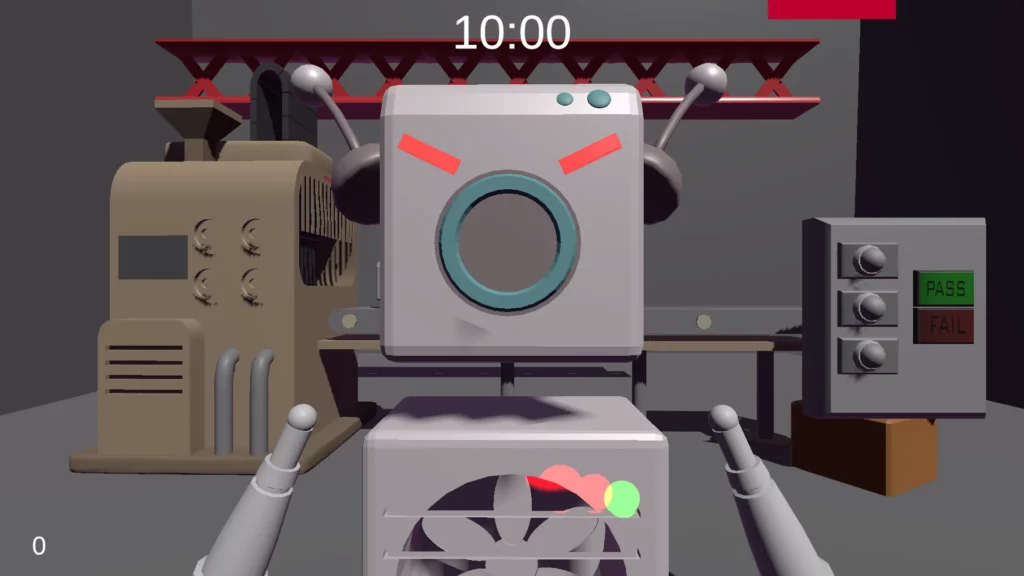 Capture d'écran du jeu Darty N'Dustry — vue du robot Lavotor Freshness depuis le pupitre