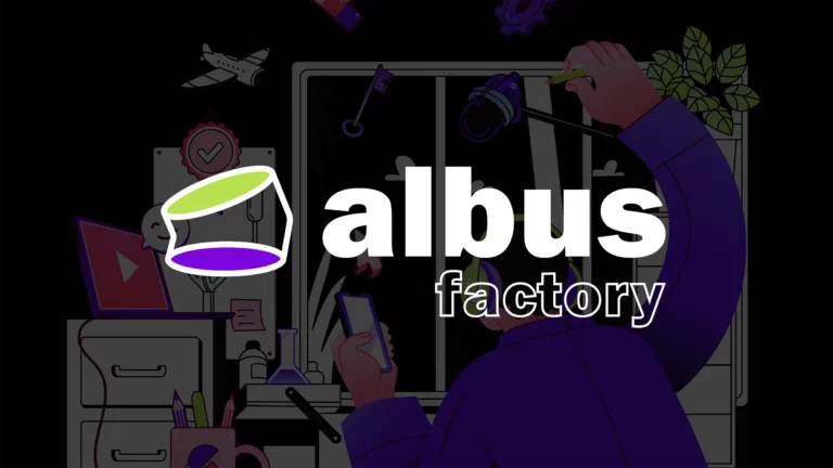 Visuel de présentation d'Albus Factory — logo et illustration d'un concepteur de jeux
