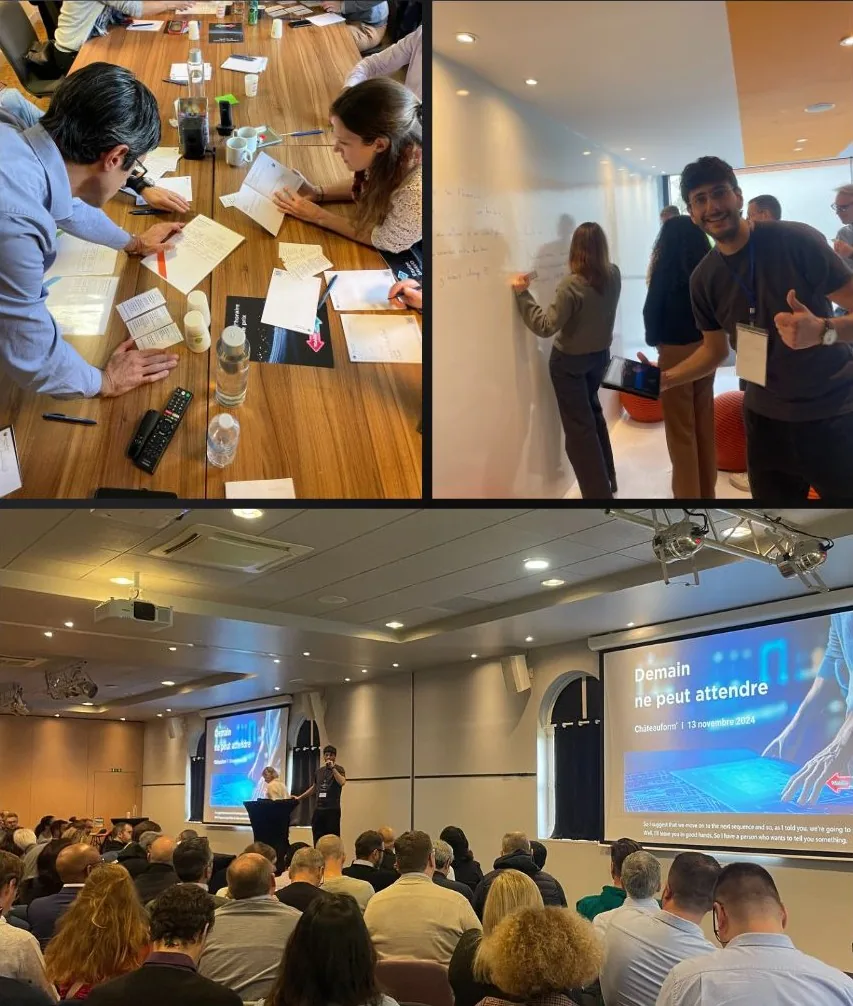 Photos d'ateliers et de conférence liés au projet AIA — participants en réunion et présentation