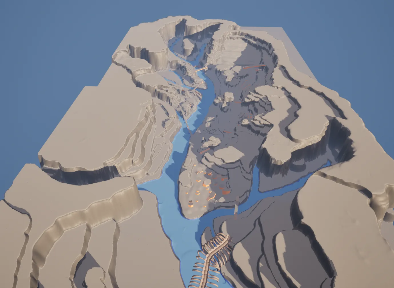 Blockout de la map Dying Sun — vue en perspective du canyon désertique