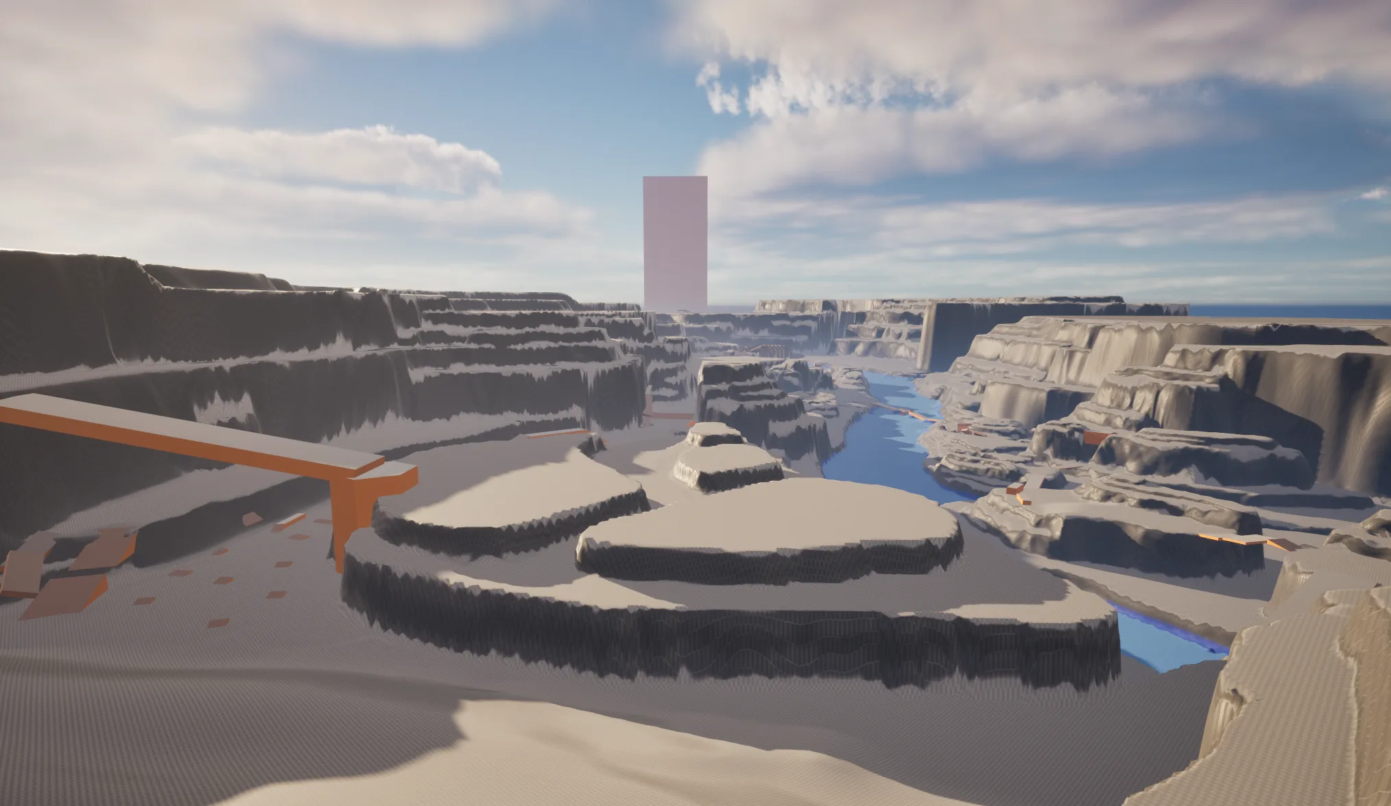 Blockout de la map Dying Sun — vue aérienne du terrain désertique avec rivière et falaises
